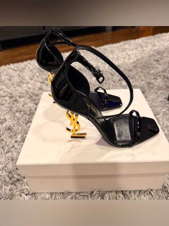 Saint Laurent Shoes - Saint Laurent Black Patent Sandals with Gold YSL Sculpted Heels